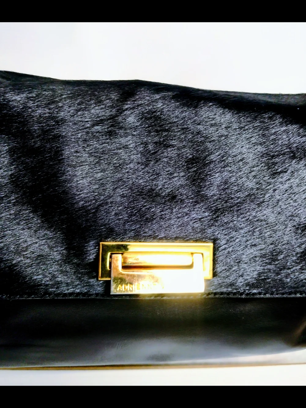 Black Leather and Haircalf Shoulder Bag with Gold Hardware From Adrienne Vittadi